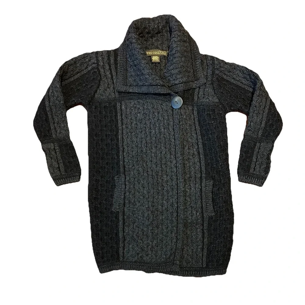 Vtg Inis Crafts Cable‎ Knit Cardigan Sweater Sz Small Gray Merino Wool Fisherman